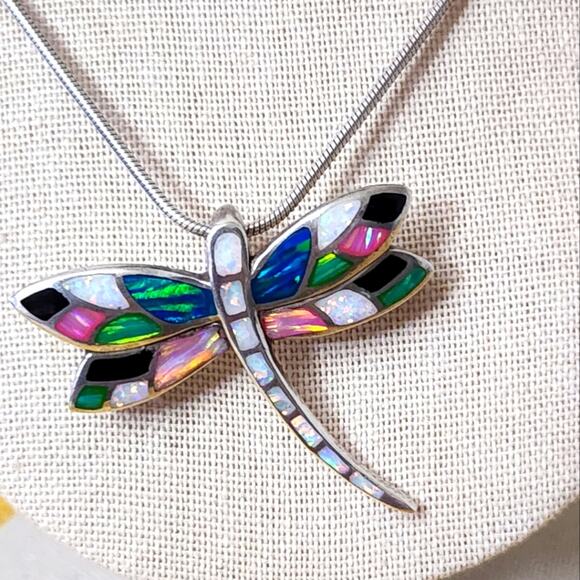 Jewelry - Vintage Sterling Silver Colorful DRAGONFLY Pendant Brooch with 18" Chain